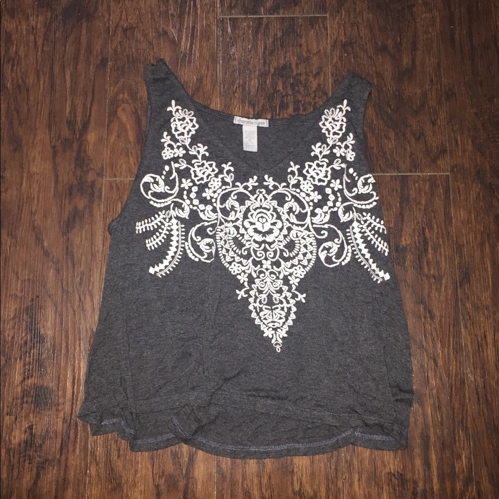 Grey tank top with white embroidery
